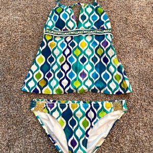Trina Turk Blue Green 2 piece tank halter swimsuit Bikini Size 6/8